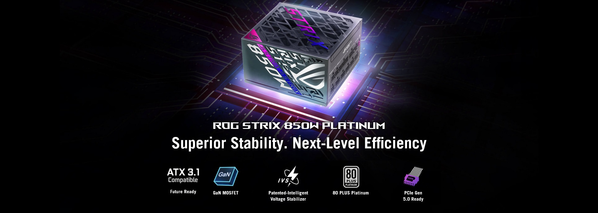 A large marketing image providing additional information about the product ASUS ROG Strix 850W Platinum PCIe 5.0 ATX Modular PSU - Additional alt info not provided